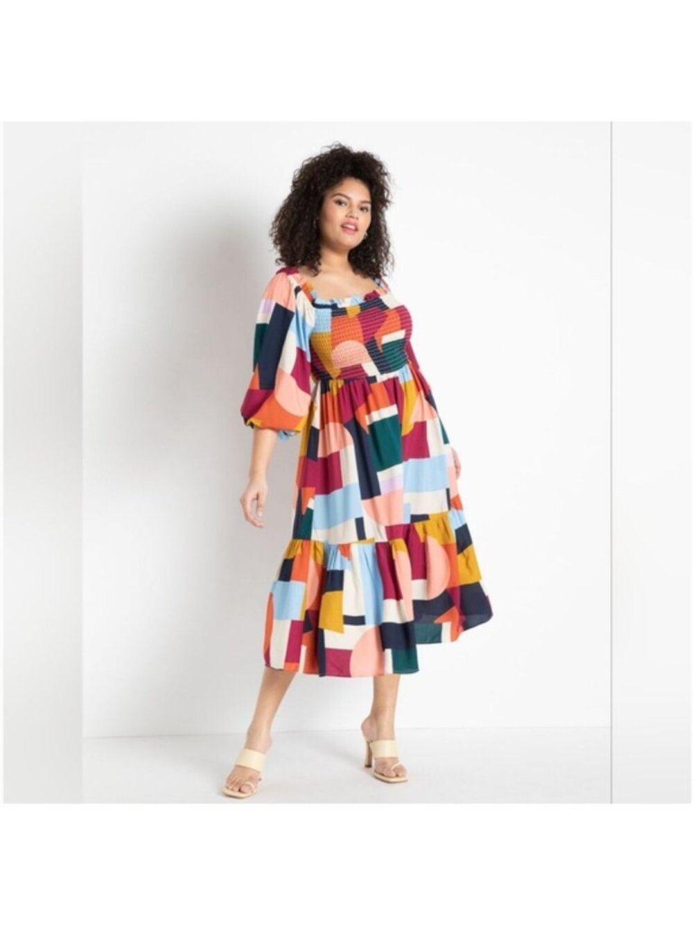 Eloquii Colorblock Off the Shoulder Smocked Bodice Tiered Maxi Dress